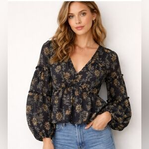 CINQ A SEPT Simmons Botanical Peplum Boho Contoured Blouse | S